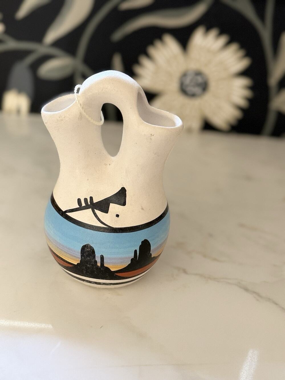 Navajo Native American Painted Pottery Wedding Vase Signed 5.5 Tall Desert Cactu